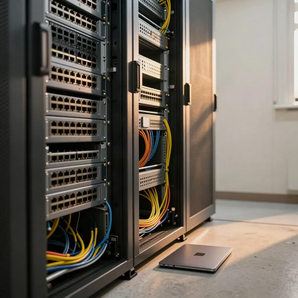 Baie serveur auditée avec racks verrouillés, câbles rangés et ordinateur portable fermé.