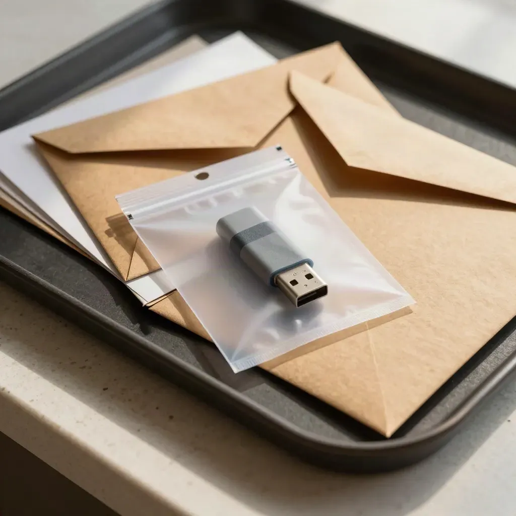 Enveloppes leurres, clé USB mise en quarantaine et pochette d’alerte sur un plateau sombre.