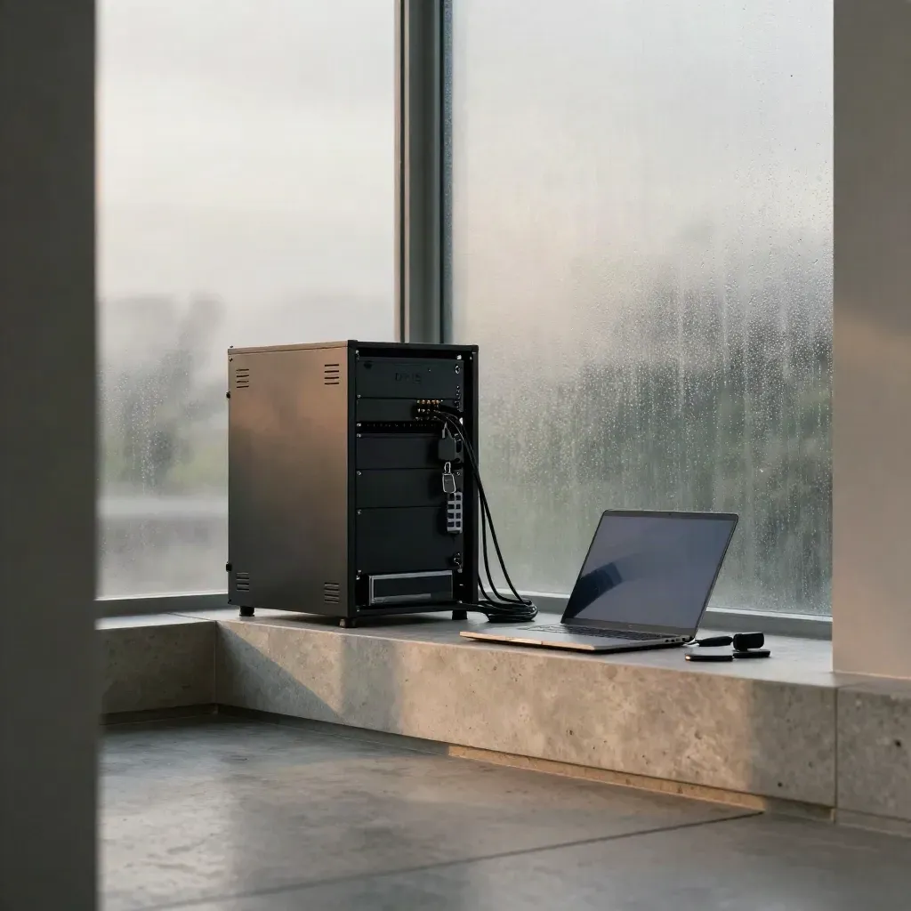 Salle de cybersécurité sombre avec rack, ordinateur fermé, clés de sécurité et reflets de pluie.