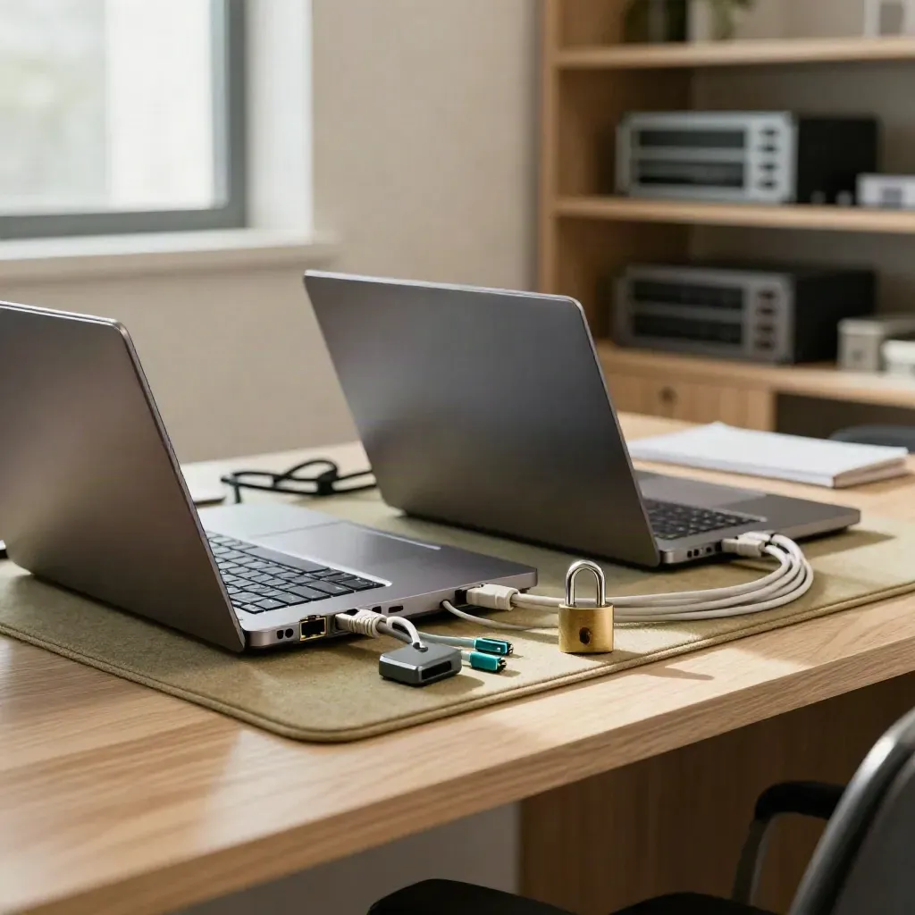 Ordinateurs portables fermés, verrous de câble et câbles patch sur un banc IT baigné de lumière.