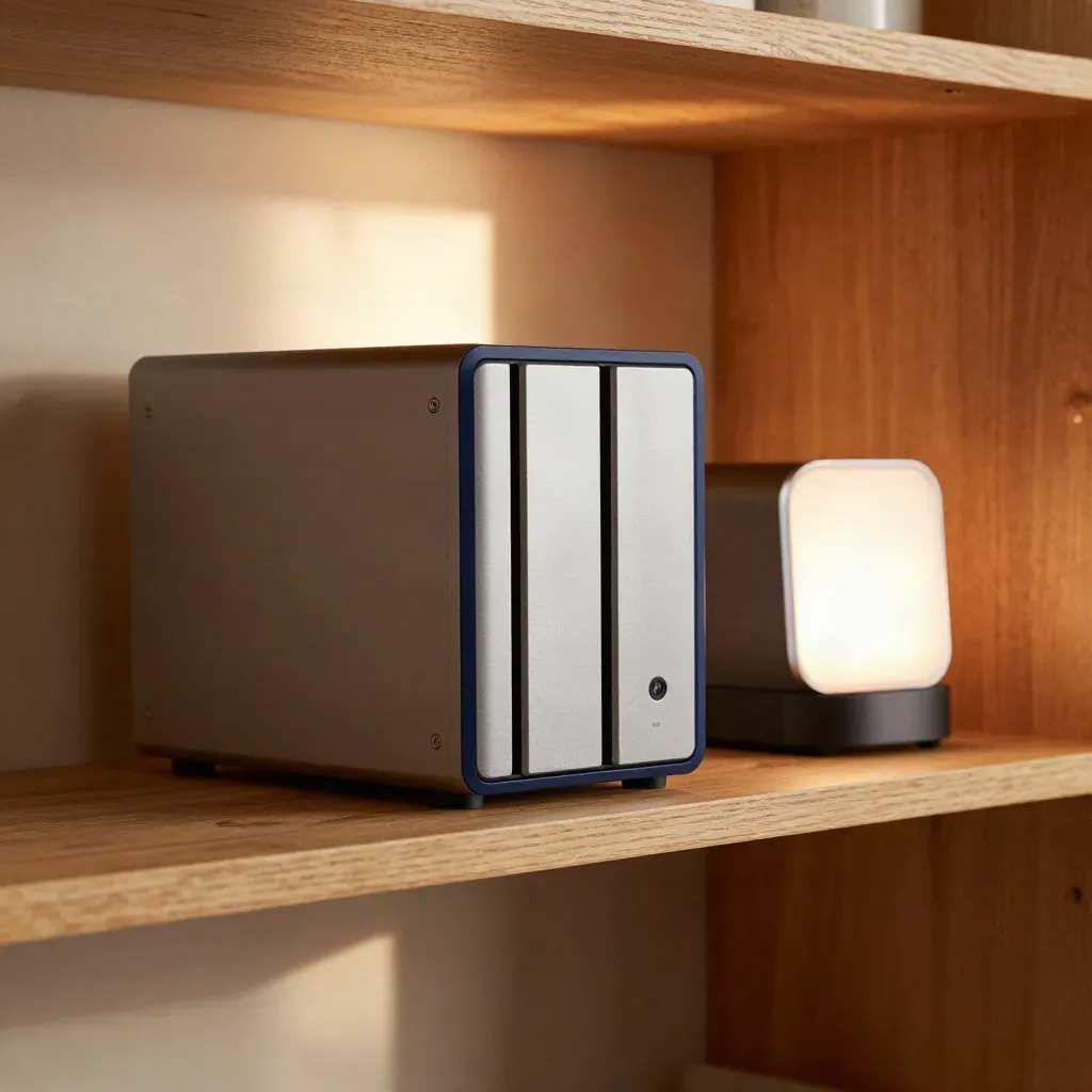 Disques de sauvegarde et NAS sur une étagère, voyant stable dans une lumière douce.