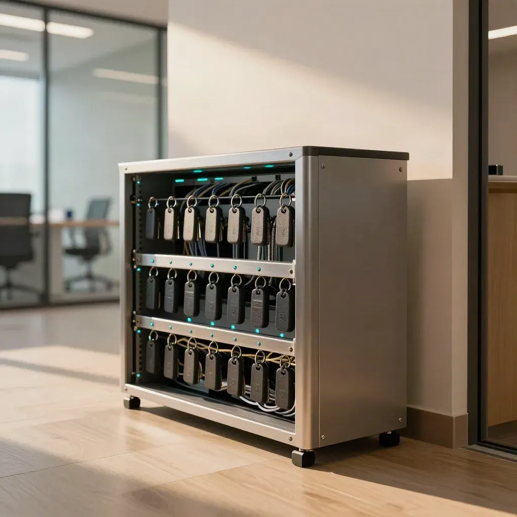 Rack serveur sécurisé avec clés MFA et voyants cyan dans un couloir lumineux.
