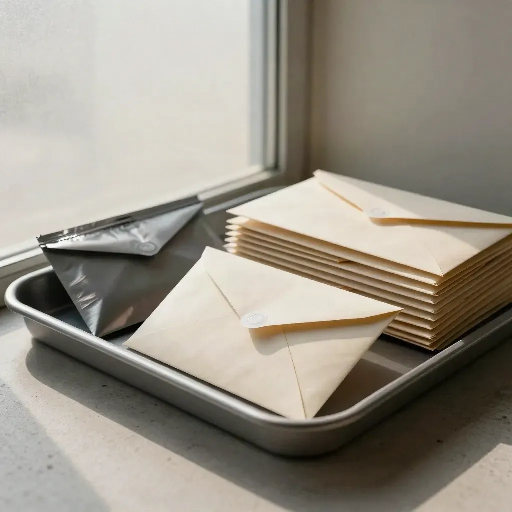 Plateau de quarantaine phishing avec enveloppes scellées et pochette verrouillée.
