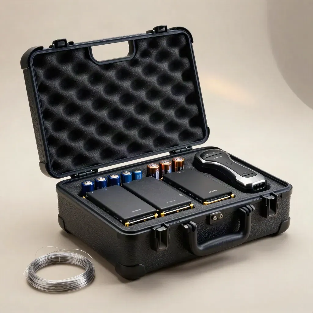 Malette de réponse à incident ouverte avec SSD, batteries, boucle fibre et téléphone d’urgence sur fond charbon.