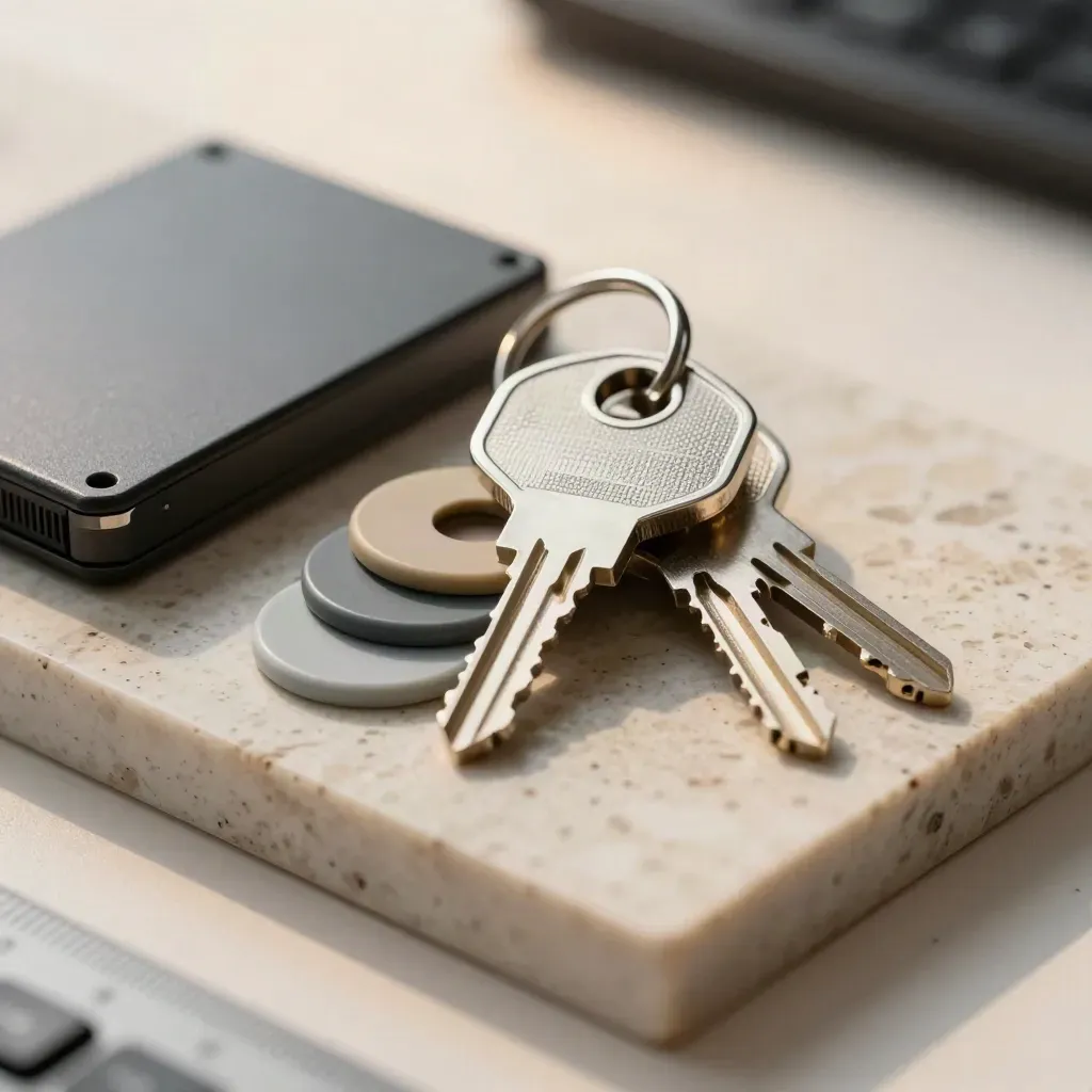 Deux clés de sécurité, un SSD chiffré et des tokens d’accès sur une dalle de travertin.