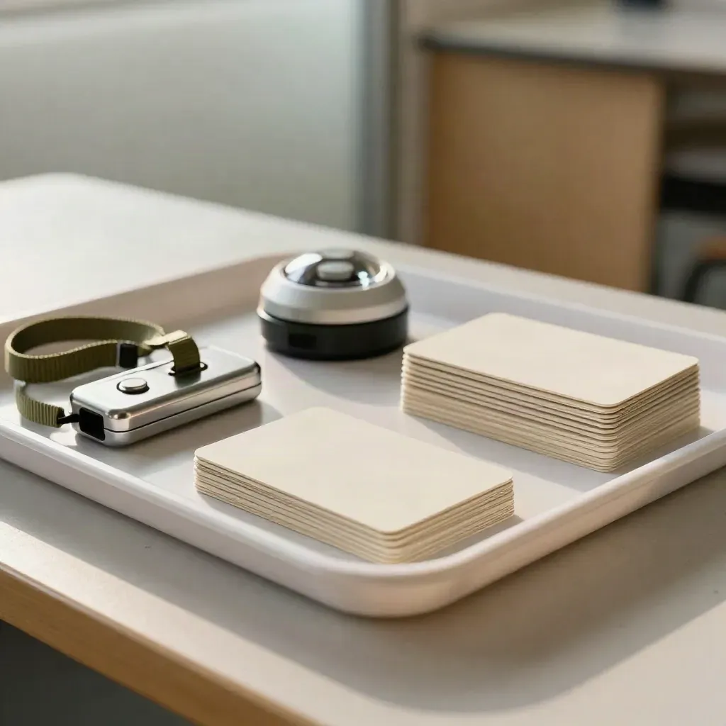 Kit de sensibilisation sécurité avec cartes NFC, badge reels et alarme sur plateau blanc.
