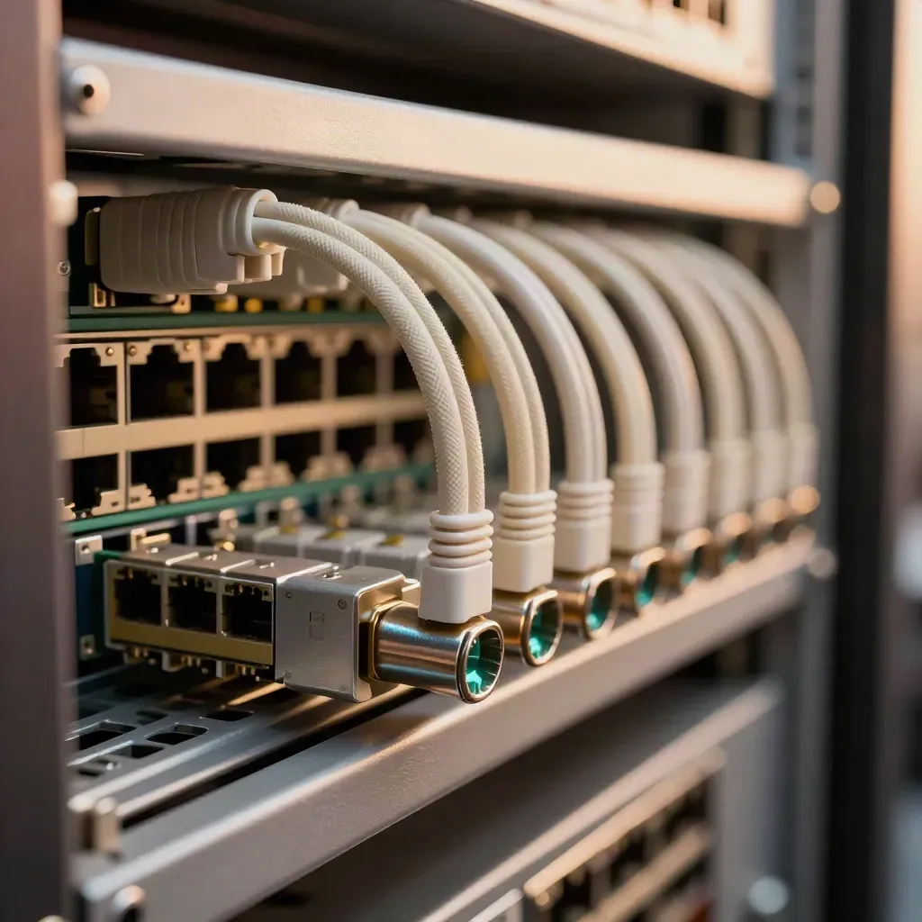 Baie réseau en macro avec cordons fibre, modules SFP et ports de switch alignés.