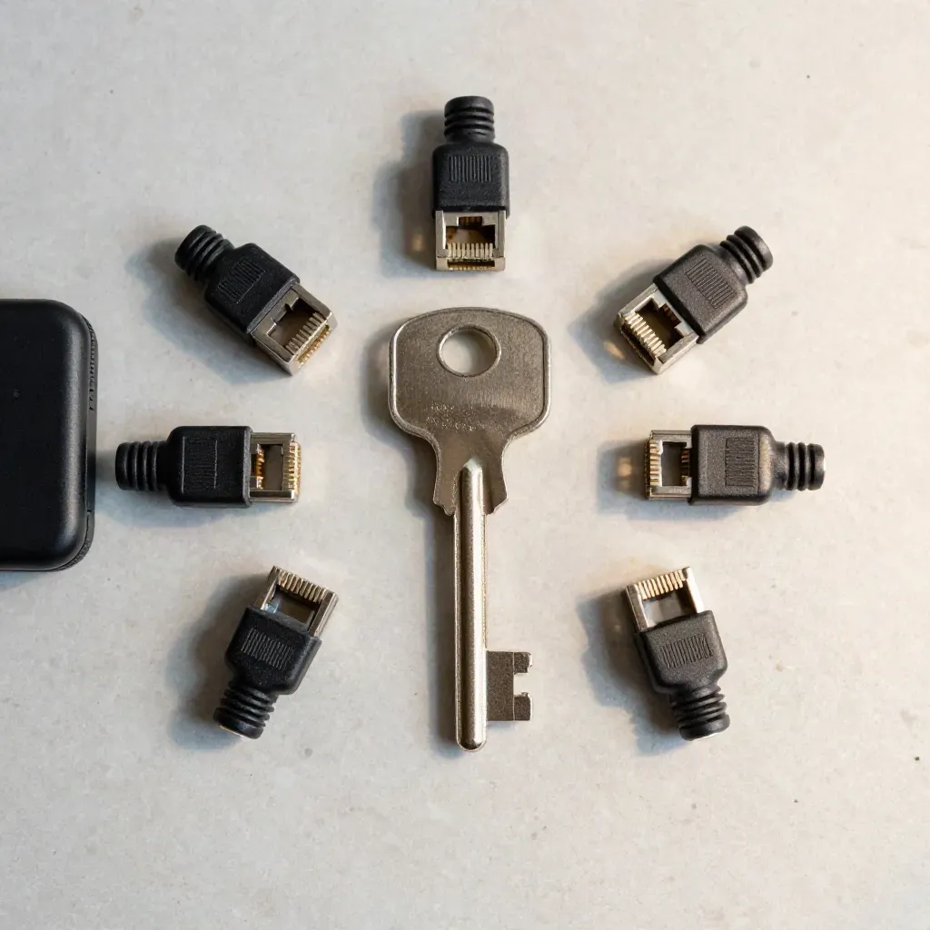 Vue zénithale d’une clé matérielle, deux connecteurs Ethernet et un disque scellé sur pierre claire.