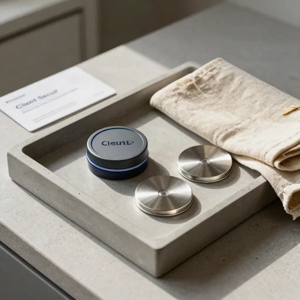 Plateau de vérification mensuelle avec puck diagnostic, deux disques de sauvegarde et linge plié.