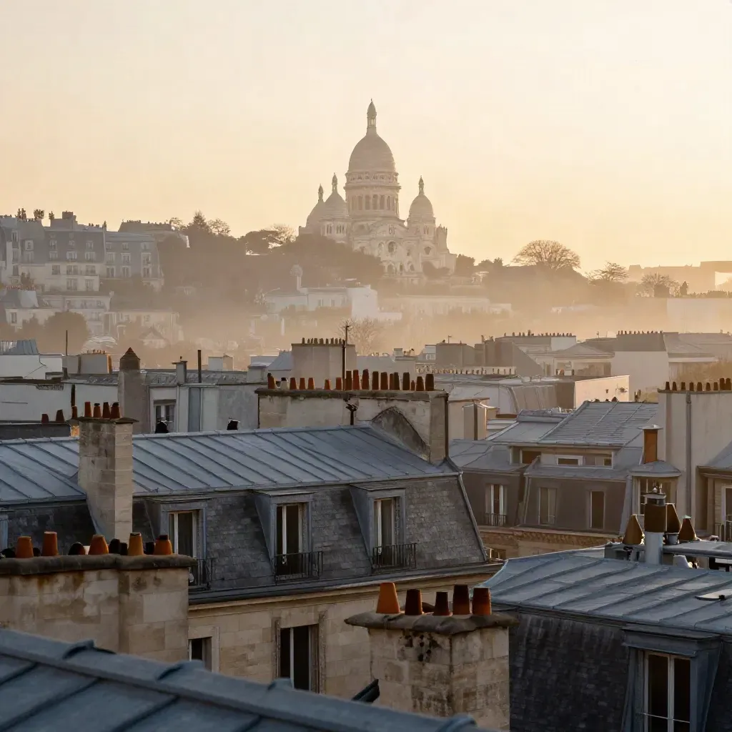 Vue de Paris au lever du jour, Sacré-Cœur au-dessus des toits de zinc et de la brume.