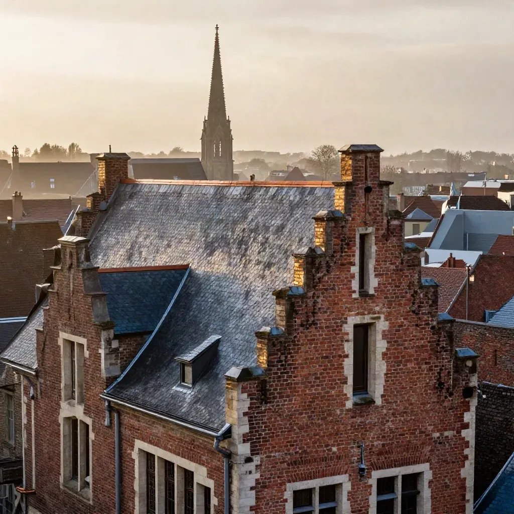 Toits de Lille au crépuscule, belfry au loin et pierre humide dans une lumière dorée.
