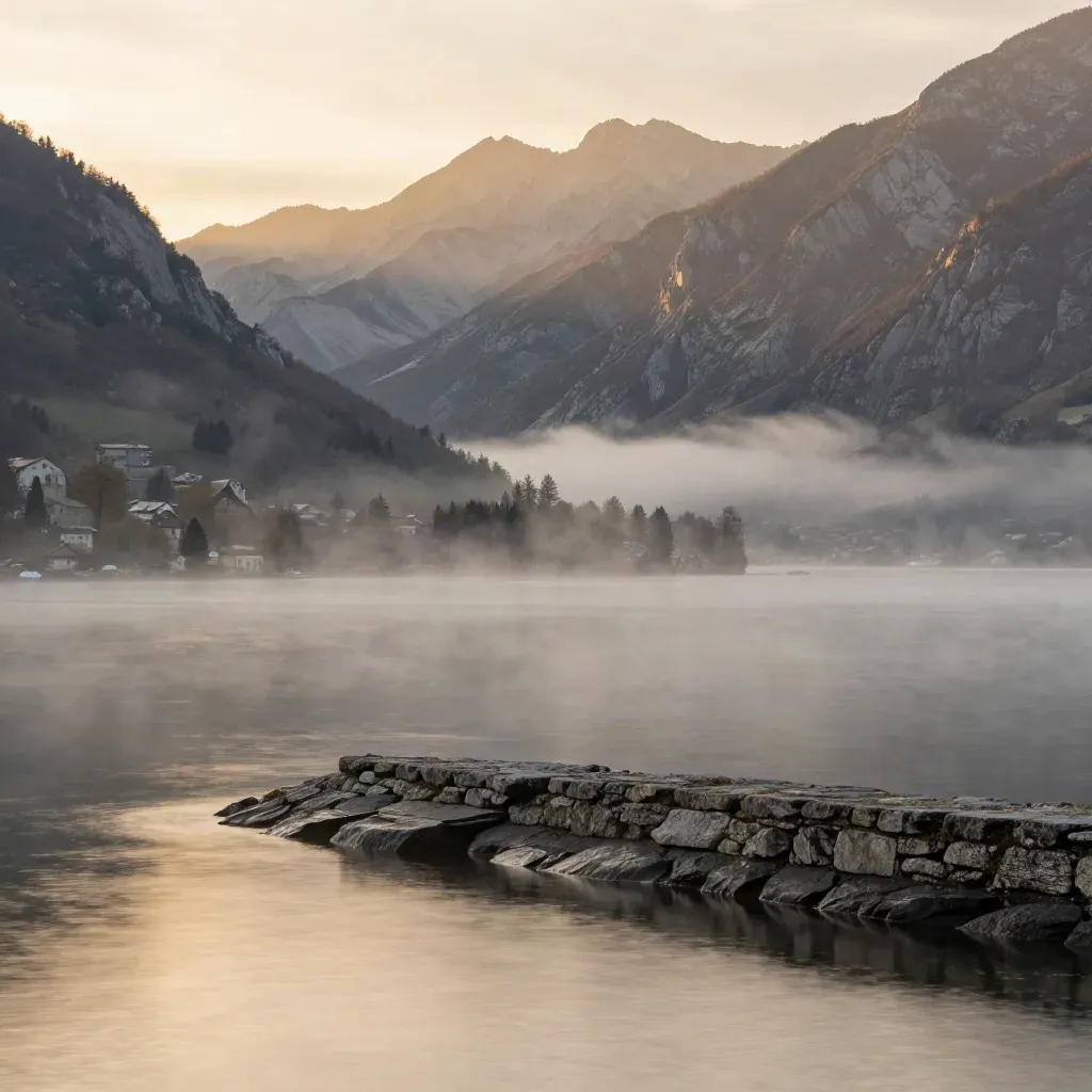 Lac d’Annecy au lever du jour, brume sur l’eau et Alpes en arrière-plan.