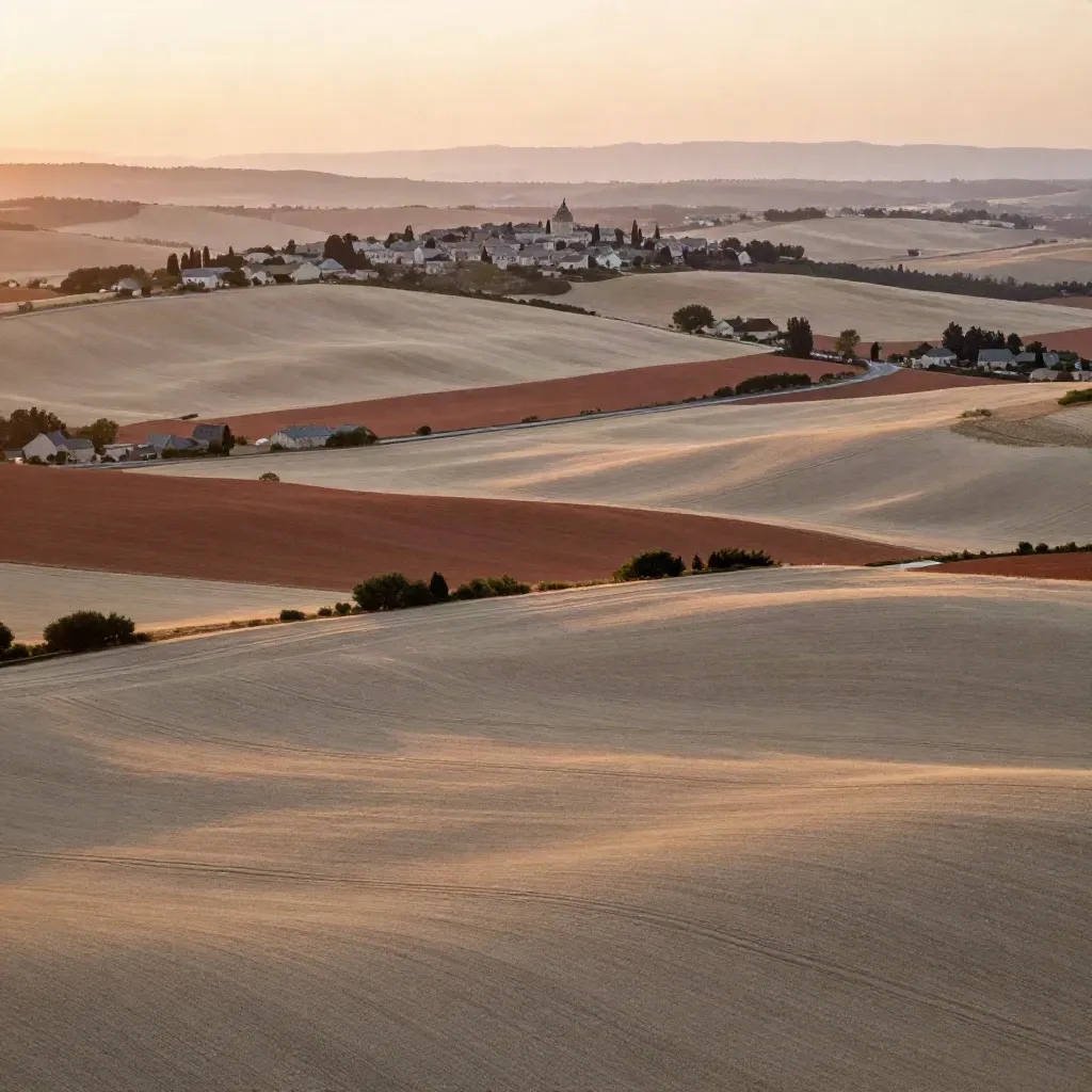Vue aérienne de la campagne française au coucher du soleil, villages de pierre et routes dans la brume.