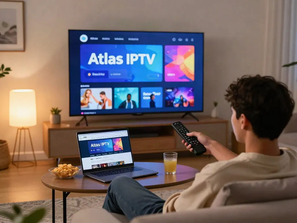 Profitez de l'expérience Atlas IPTV dans un salon moderne avec un téléviseur intelligent et une ambiance chaleureuse.
