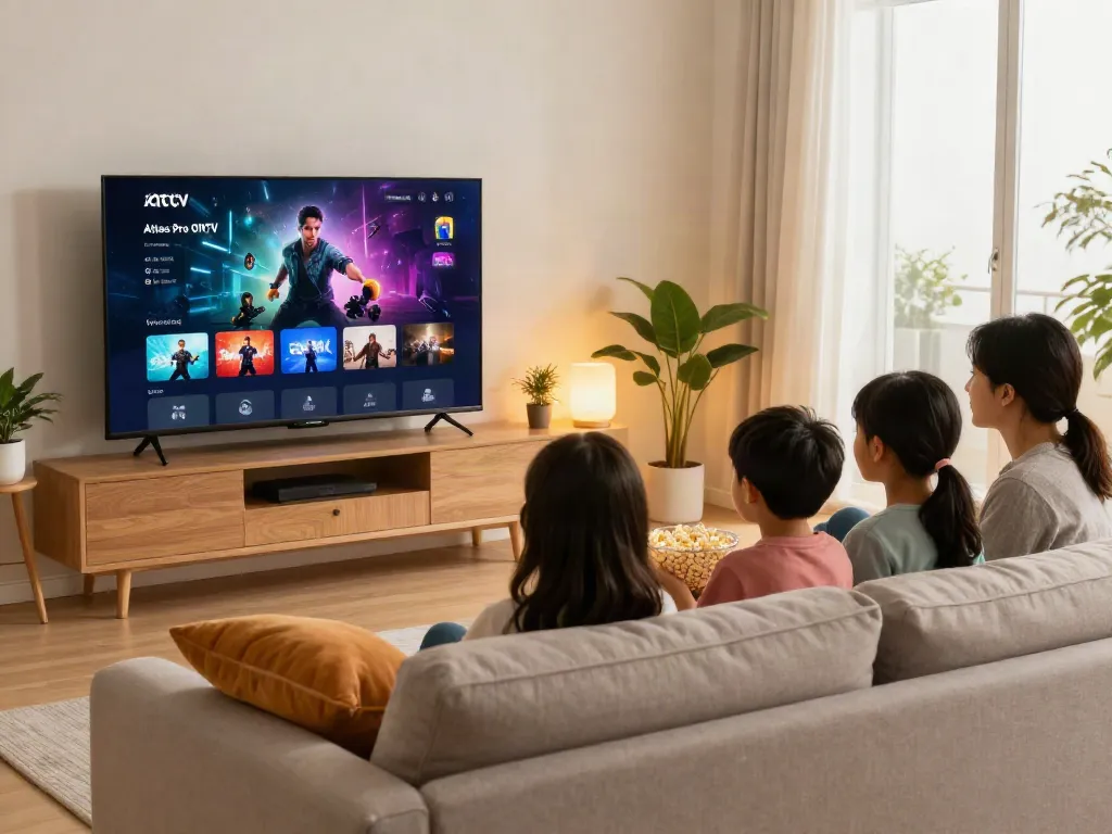 La famille profitant de l'application Atlas Pro sur leur Smart TV dans un salon moderne.